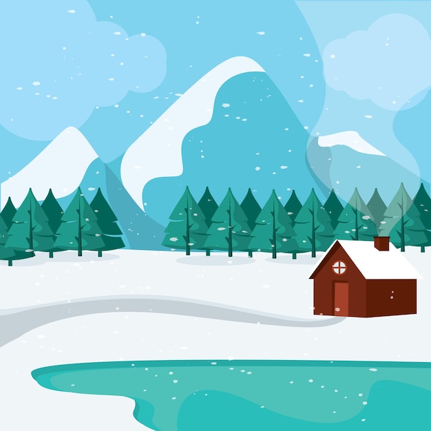 winter cabin in snowy landscape with pine trees vector