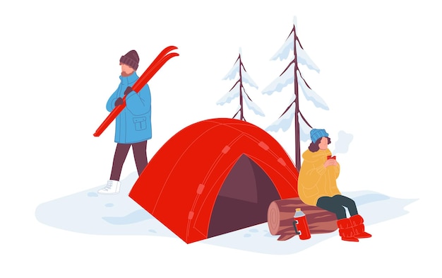 Вектор Зимний кемпинг и отдых на зимних каникулах