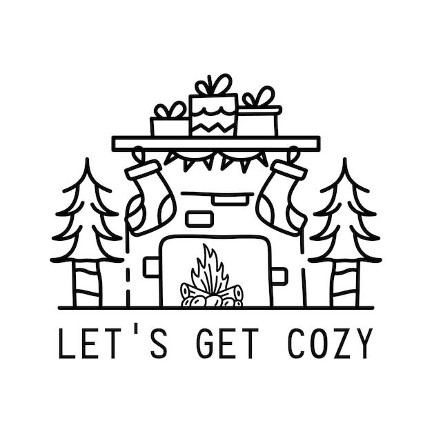 Winter camping logo design with chimney and text lets get cozy christmas adventure badge in line silhouette style mountain hiking label stock vector monochrome insignia