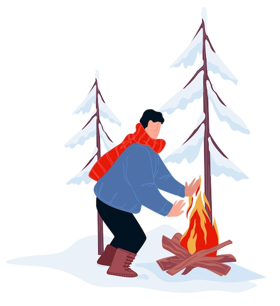 Winter camping and traveling warm bonfire vector