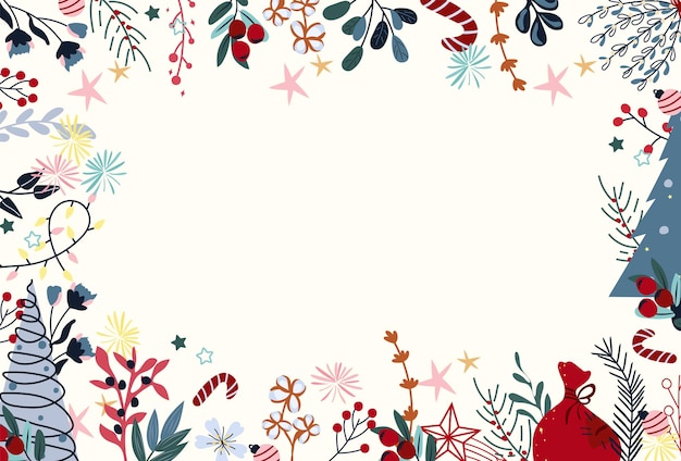 Vector winter card with colorful flowers, leaves, christmas trees and other. concept christmas and new year