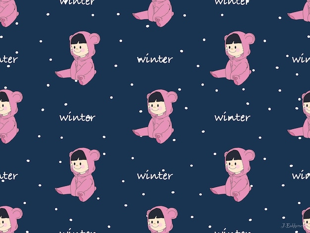 Winter cartoon character seamless pattern on blue background