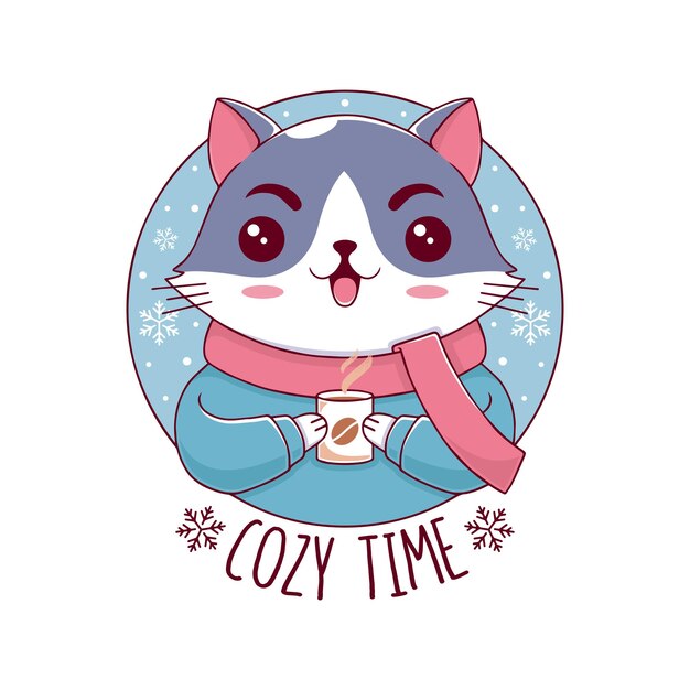 Vettore design del logo winter cat cosy time