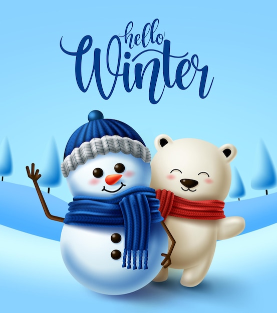 Winter character vector background design Hello winter greeting text with 3d snowman