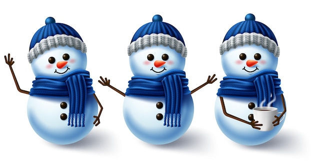 Winter character vector set Winter snowman 3d characters wearing scarf and hat for winter season