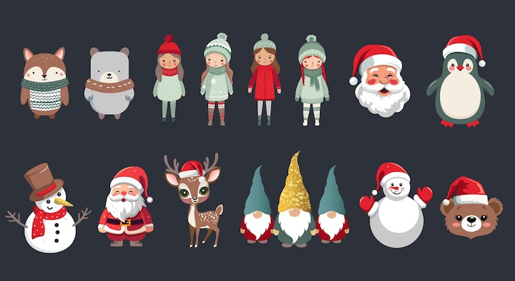 Vector 冬のキャラクターセット メリークリスマスセット サンタ 冬の動物 帽子のグノム バナーカード用