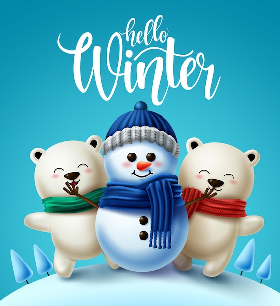 Winter characters vector background design Hello winter greeting text with 3d snowman