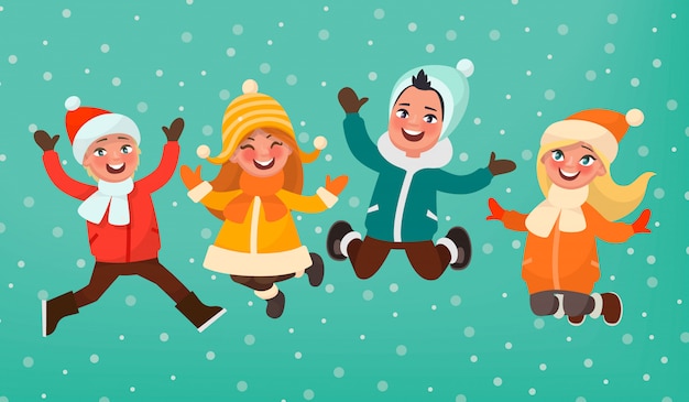 Vector winter children's games. boys and girls dressed warmly are jumping on a background of falling snow.