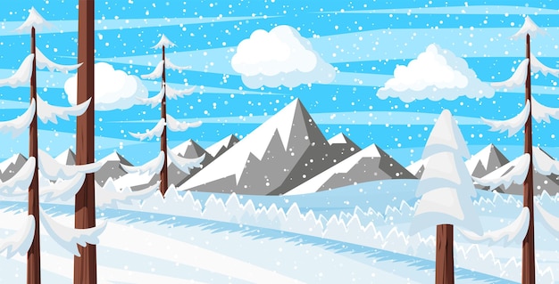 Vector winter christmas background. pine tree wood and snow. winter landscape with fir trees forest, mountain and snowing. happy new year celebration. new year xmas holiday. vector illustration flat style