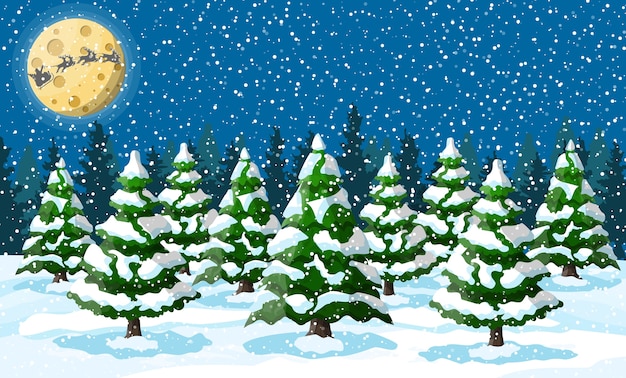 Winter christmas background. pine tree wood and snow. winter landscape with fir trees forest and snowing. happy new year celebration. new year xmas holiday.  illustration flat style