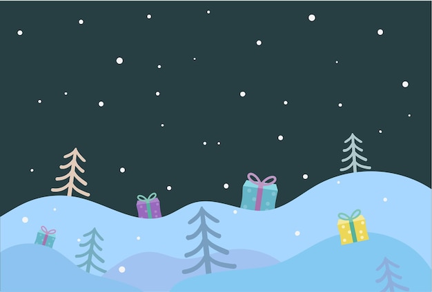 winter christmas background with gifts fir trees and snow