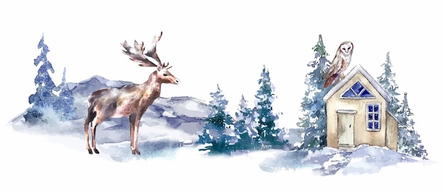 Winter christmas card snowy forest landscape watercolor illustration with animals deer elk fox ow