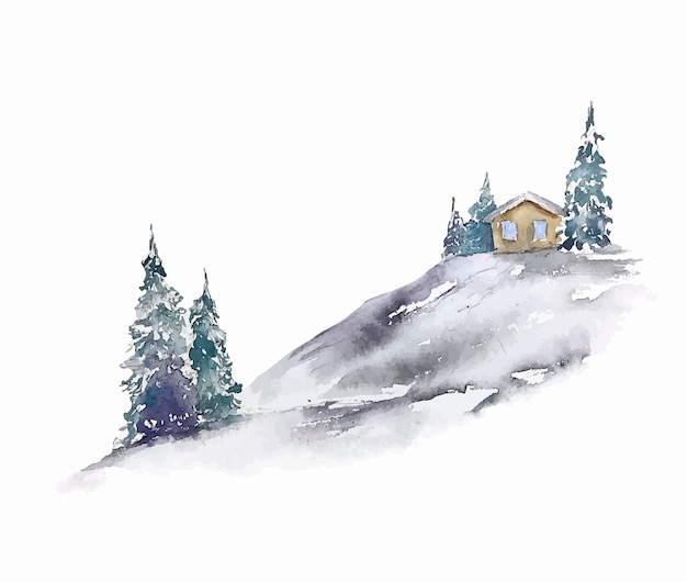 冬のクリスマスカード 雪の森の風景 水彩イラスト