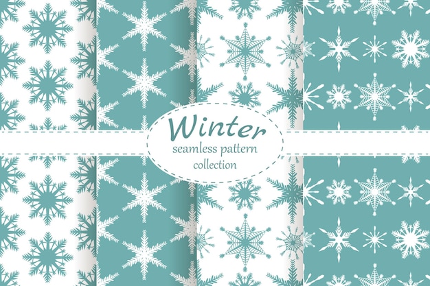 Winter Christmas collection of seamless snowflake patterns on white and turquoise background