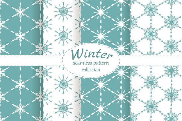 Vector winter christmas collection of seamless snowflake patterns on white and turquoise background