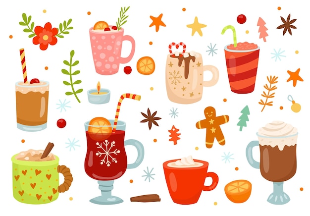 Winter christmas drinks cocoa and coffee milk and mulled wine Mug of hot chocolate warm cozy autumn cup gingerbread cookie warm holidays Vector illustration nowaday cartoon elements