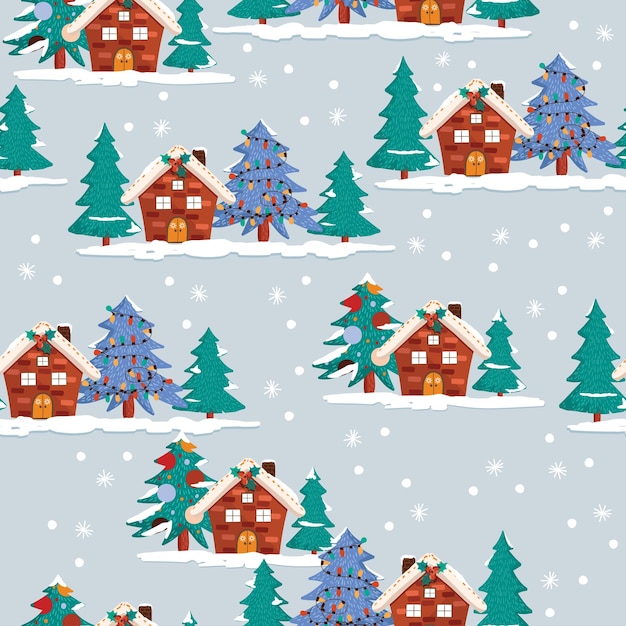 Vector winter christmas and happy new year small house in the snow landscape seamless pattern with christmas ornament
