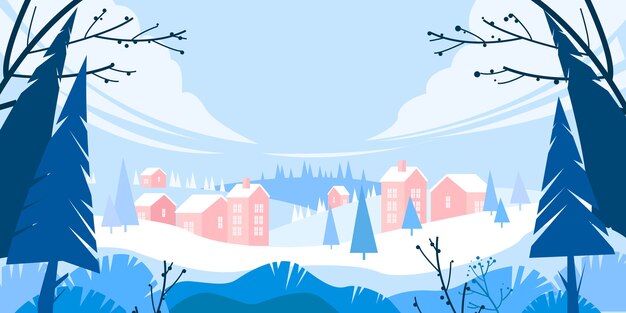 Vector winter christmas holiday landscape with snow, pine trees silhouette, village in drifts,hills