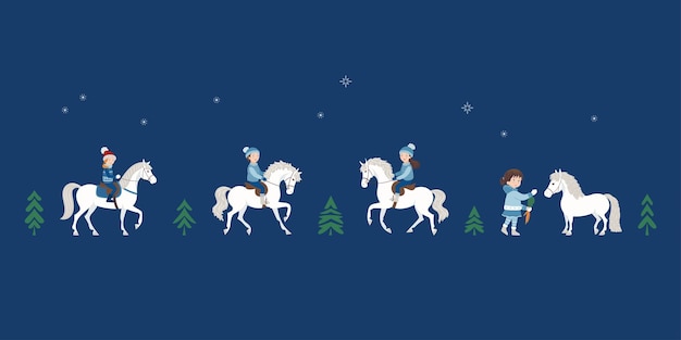 Winter christmas holidays kids riding horses vector illustration