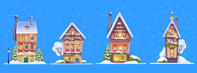 Winter christmas house set vector snow xmas village street facade  small european town building