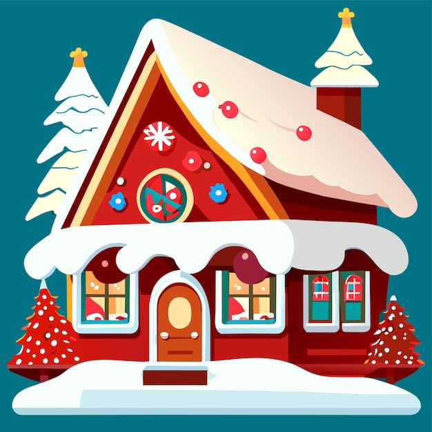 Winter Christmas house with snow hand drawn flat stylish cartoon sticker icon concept isolated