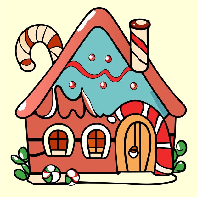 Casa di natale con neve disegnata a mano piatta elegante adesivo di cartone animato concetto di icona isolato