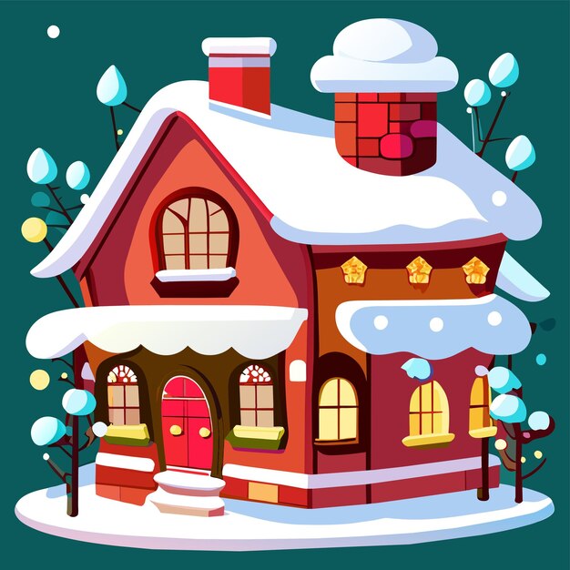 Vettore casa di natale con neve disegnata a mano piatta elegante adesivo di cartone animato concetto di icona isolato