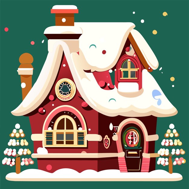 Casa di natale con neve disegnata a mano piatta elegante adesivo di cartone animato concetto di icona isolato