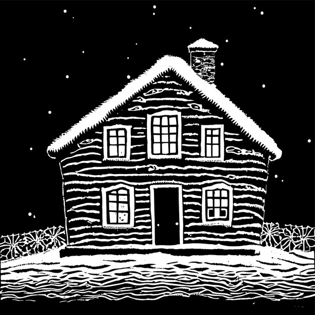 Рождественский дом со снегом, нарисованный рукой, плоский, стильный, мультфильмный наклейка, икона концепции изолирована