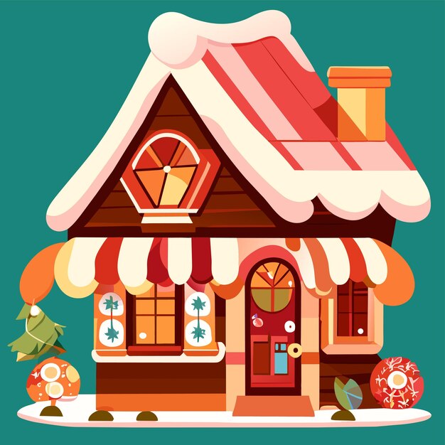 Winter Christmas house with snow hand drawn flat stylish cartoon sticker icon concept isolated