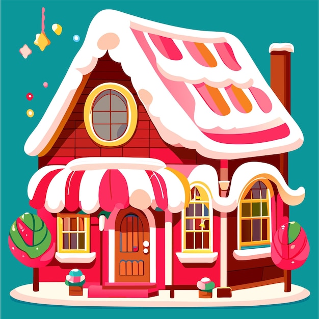 Winter Christmas house with snow hand drawn flat stylish cartoon sticker icon concept isolated