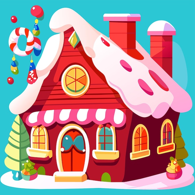 Vector winter christmas house with snow hand drawn flat stylish cartoon sticker icon concept isolated