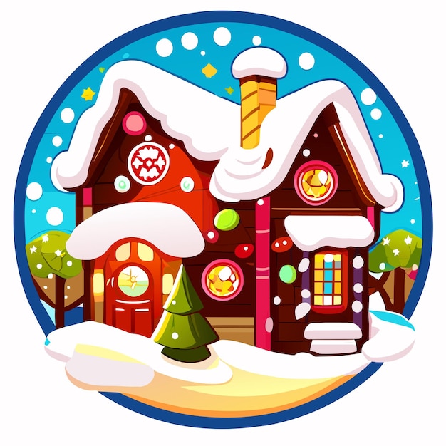 Вектор Зимний дом с снегом, нарисованный вручную, плоский стильный мультфильм, наклейка, иконка, концепция изолирована