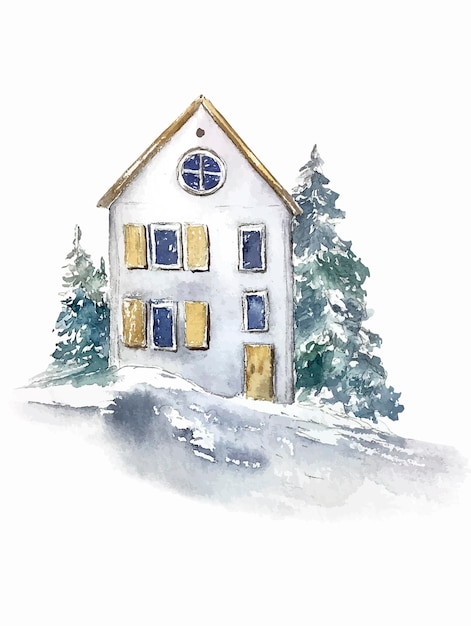 Winter christmas illustration card cottage house illustration