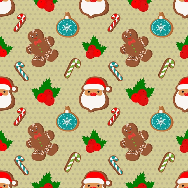 Winter Christmas naadloze patroon met peperkoek Santa Claus en cookies op een lichte achtergrond.