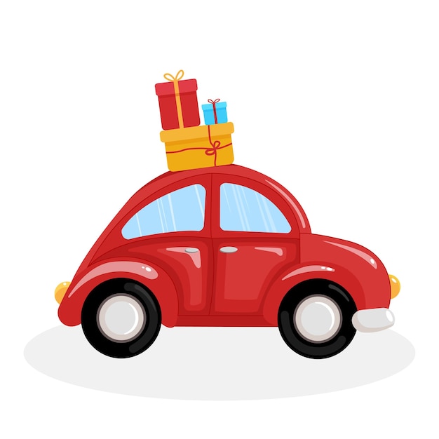 Зимнее Рождество и Новый год красный автомобиль с подарками