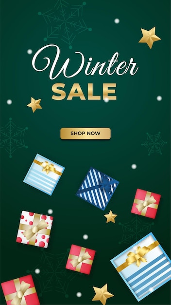 冬のクリスマス新年セールのバナーまたは割引テキスト付きのポスター。ソーシャルネットワークストーリーのバナー背景テンプレート。スペシャルオファーシーズンセール。ベクトルイラスト