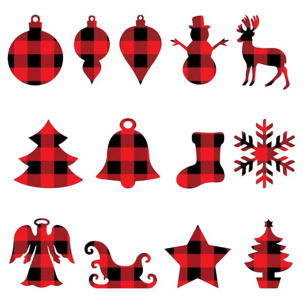 Winter And Christmas Ornaments buffalo plaid set Vector. Lumberjack clip art