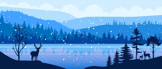 Vector winter christmas panoramic landscape with snow, reindeer, hills, forest outline, frozen lake