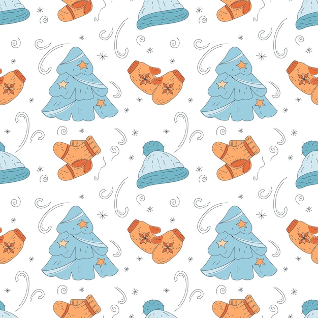 Vector winter christmas pattern with a christmas tree and cozy knitted things