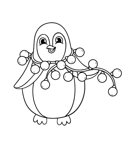 Winter Christmas penguin for coloring bookLine art design for kids coloring page Vector