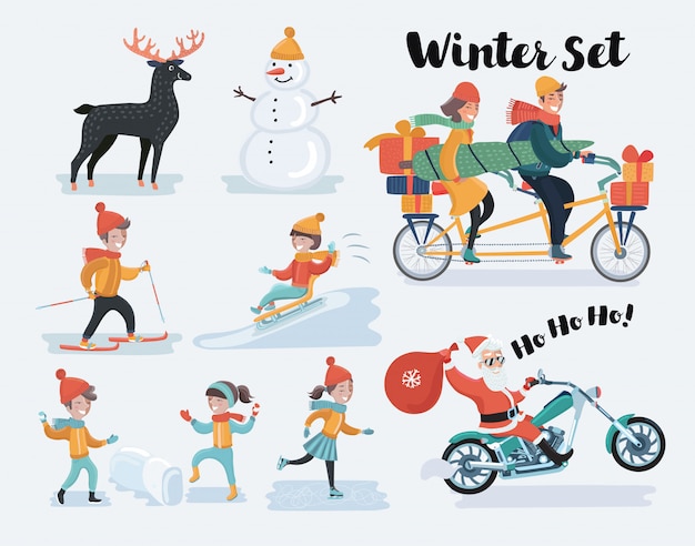 Winter Christmas people set.   illustration