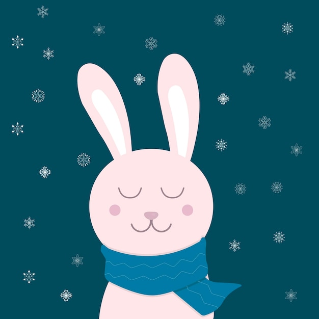 Winter christmas pink Rabbit on scarf on dark blue background with snowflakes