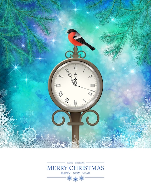 Winter christmas scene with outdoor clock and a bird