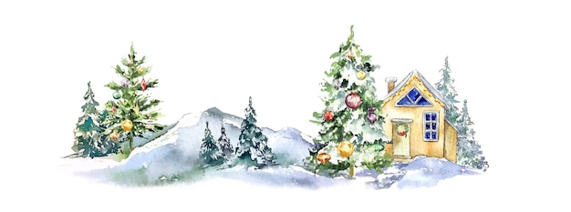 Vector winter christmas tree illustration card cottage house illustration