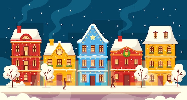 Vector winter city houses, night town street with snowy trees and passerby walk along buildings decorated with garlands