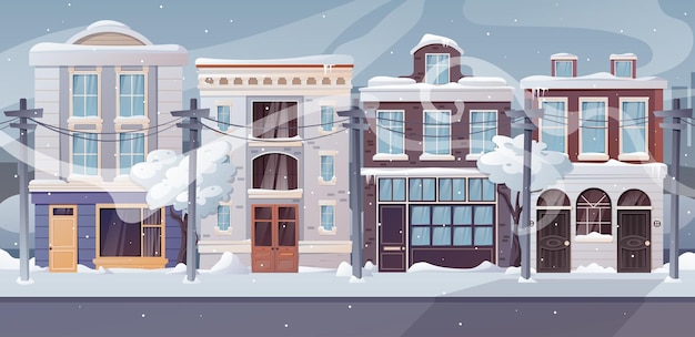 Vector winter city landscape suburban multi storey buildings house architecture snowdrifts and