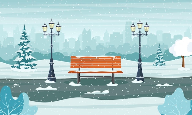 Вектор Зимний городской парк с деревянной скамейкой,