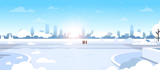 Winter city snowy park beautiful nature sunshine cityscape flat horizontal vector illustration