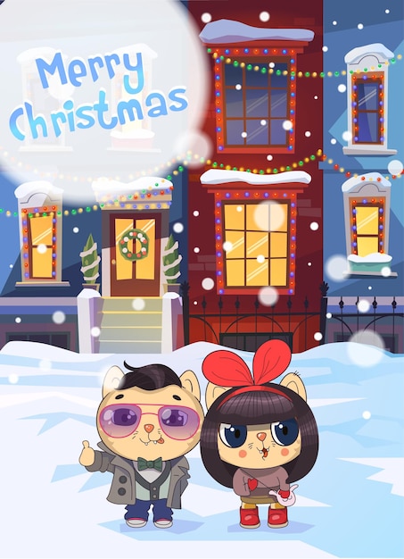 Vector winter city street with christmas decorated homes and two cute fashionable kitties.